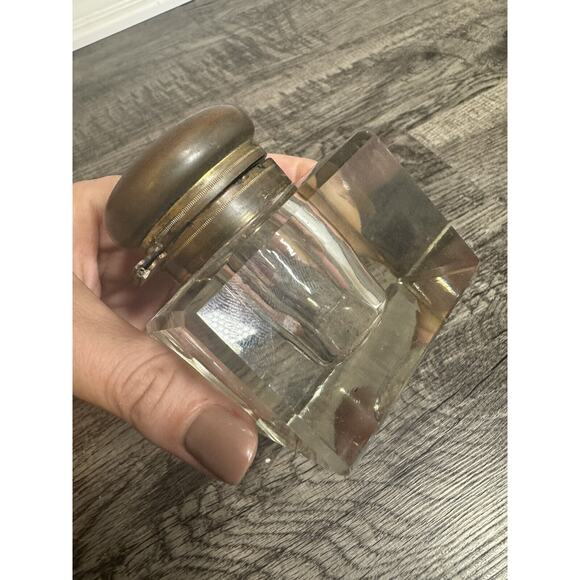 Antique Vintage Crystal Glass Block Ink Well Brass Lid Art Deco Cube Grandpacore - Picture 9 of 13